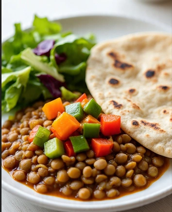 Plate of lentil curry with chopped vegetables, flatbread, and fresh green salad served in natural light.

