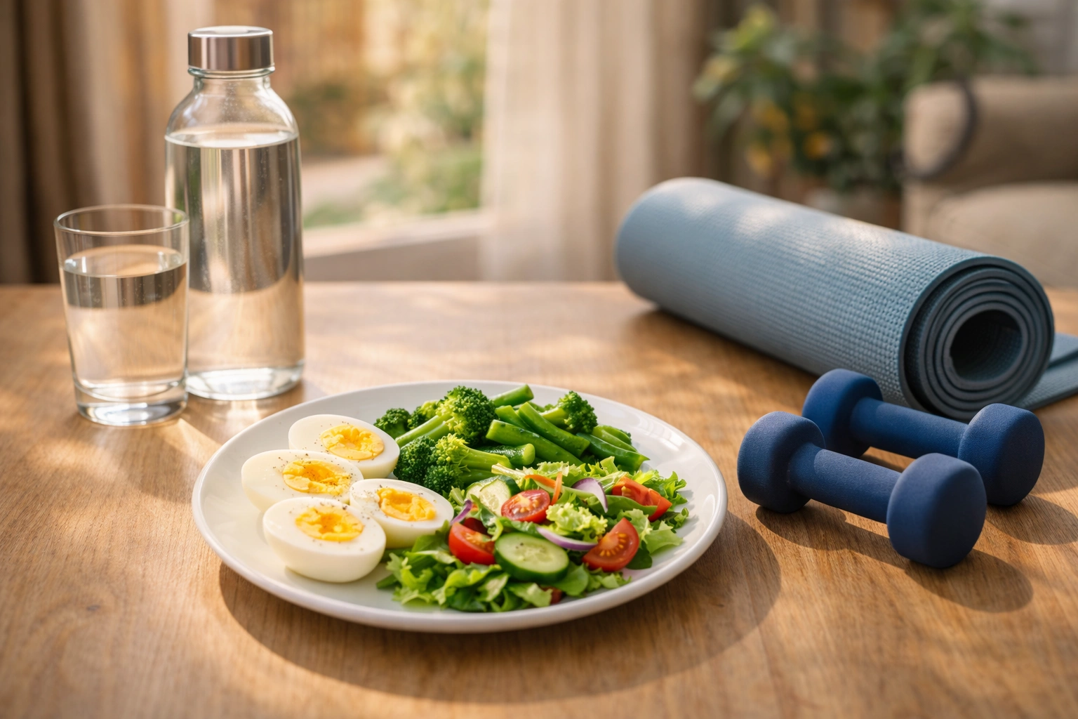 Healthy lifestyle setup with balanced meal, water bottle and light exercise equipment in natural sunlight at home