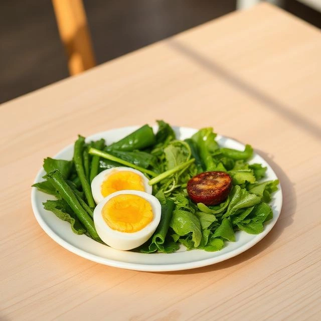 Low sugar breakfast with boiled eggs and fresh vegetables served on a white plate in natural sunlight