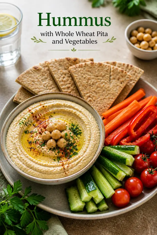 Mediterranean diet recipes for beginners hummus with whole wheat pita and vegetables healthy snack chickpeas dip olive oil