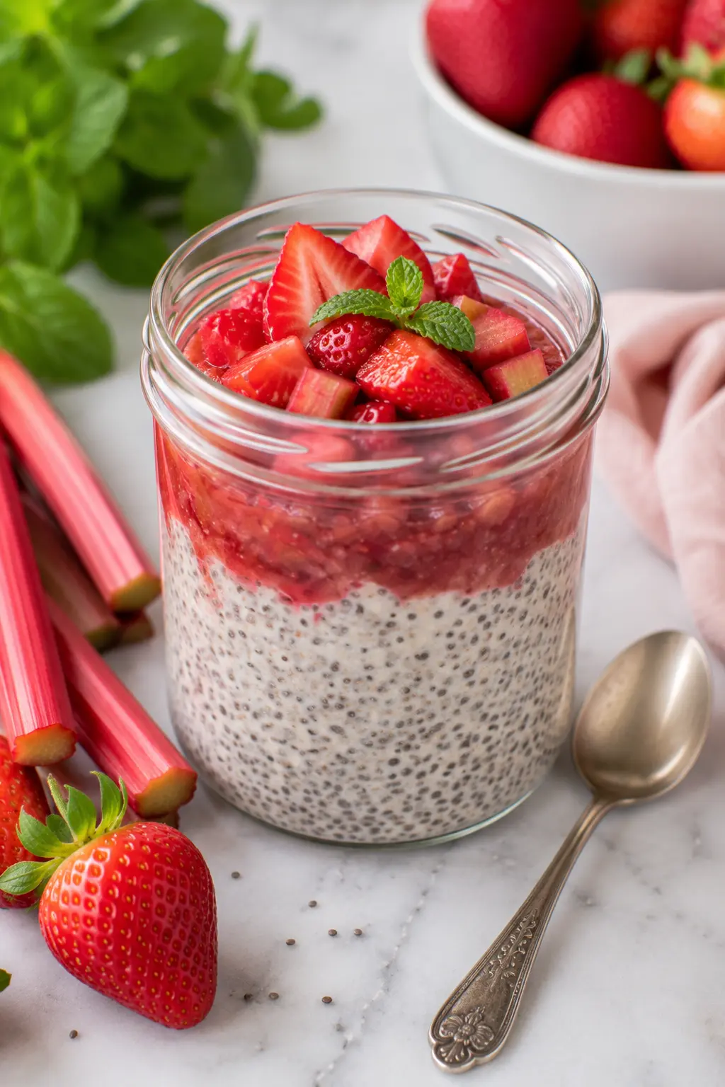 Rhubarb and strawberry chia pudding in a glass jar, healthy high fiber breakfast recipe for weight loss and meal prep.