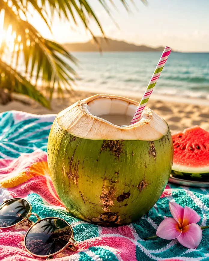 Summer drinks for weight loss featuring fresh green coconut with a striped straw, watermelon slices, sunglasses, and a tropical beach towel in golden sunlight.