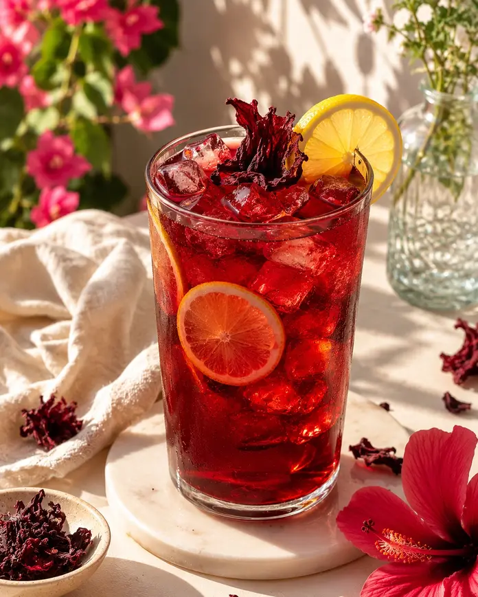 Summer drinks for weight loss featuring deep crimson hibiscus iced tea with lemon slices, ice cubes, and hibiscus flower garnish in soft sunlight.