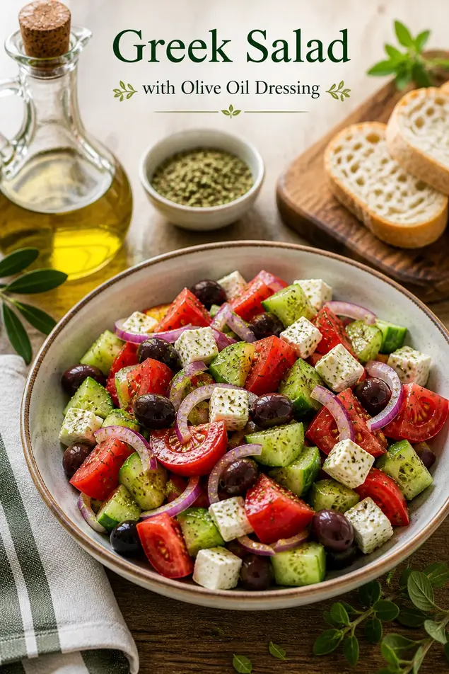 Mediterranean diet recipes for beginners greek salad with olive oil dressing fresh healthy salad feta cucumber tomato olives