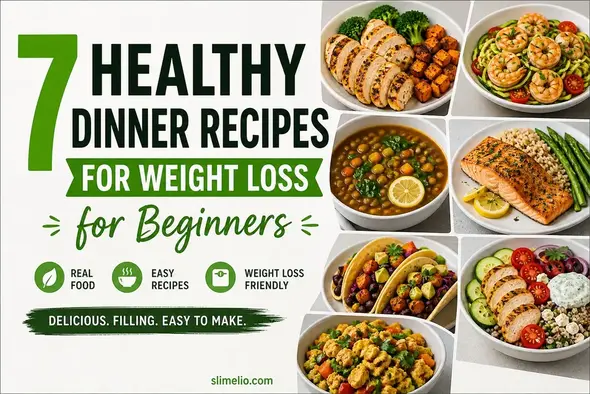 7 healthy dinner recipes for weight loss for beginners infographic with easy meal ideas and clean food images