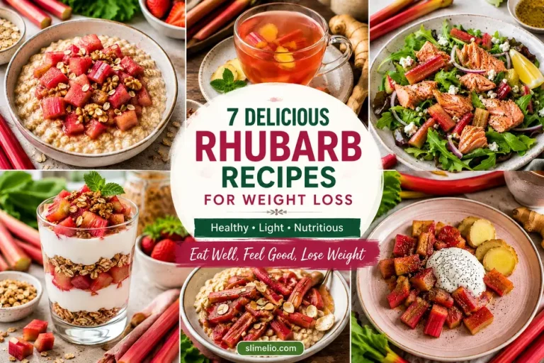 Feature collage of healthy rhubarb recipes for weight loss including oatmeal, herbal tea, salmon salad, and yogurt parfait.