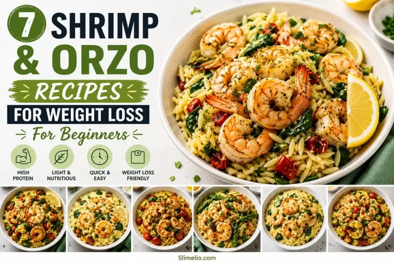 Healthy shrimp and orzo recipe collage featuring beginner-friendly weight loss meals with vegetables, lemon, and high-Protien bowl.