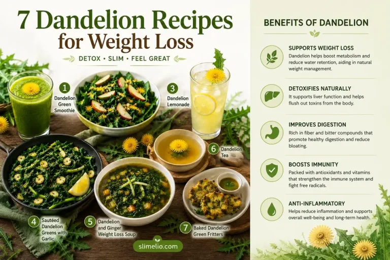 Feature infographic showing 7 dandelion recipes for weight loss with smoothies, salad, soup, lemonade, detox tea, and health benefits for beginners