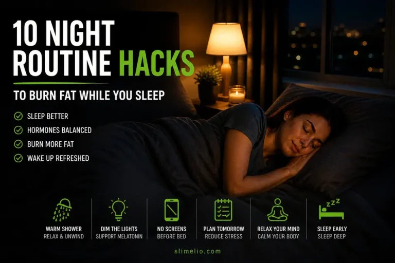 Woman sleeping peacefully in dark cozy bedroom with warm lamp light illustrating night routine habits that support fat burning and better sleep.