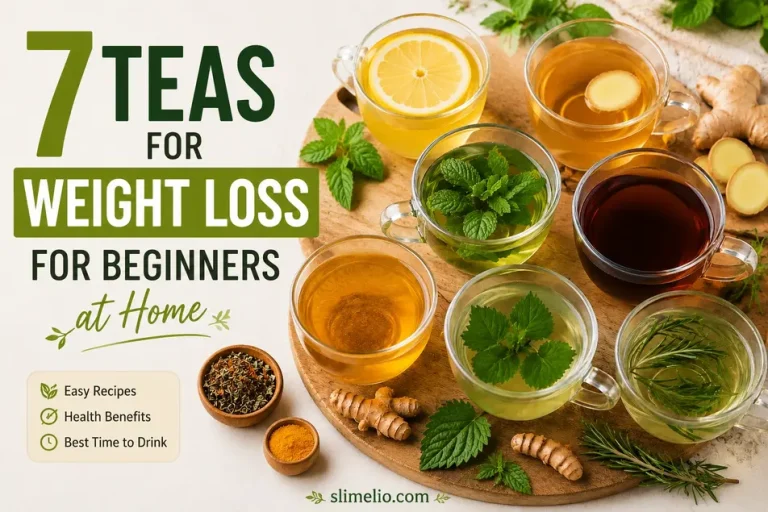 Featured image showing 7 teas for weight loss for beginners at home with herbal tea cups and fresh ingredients.