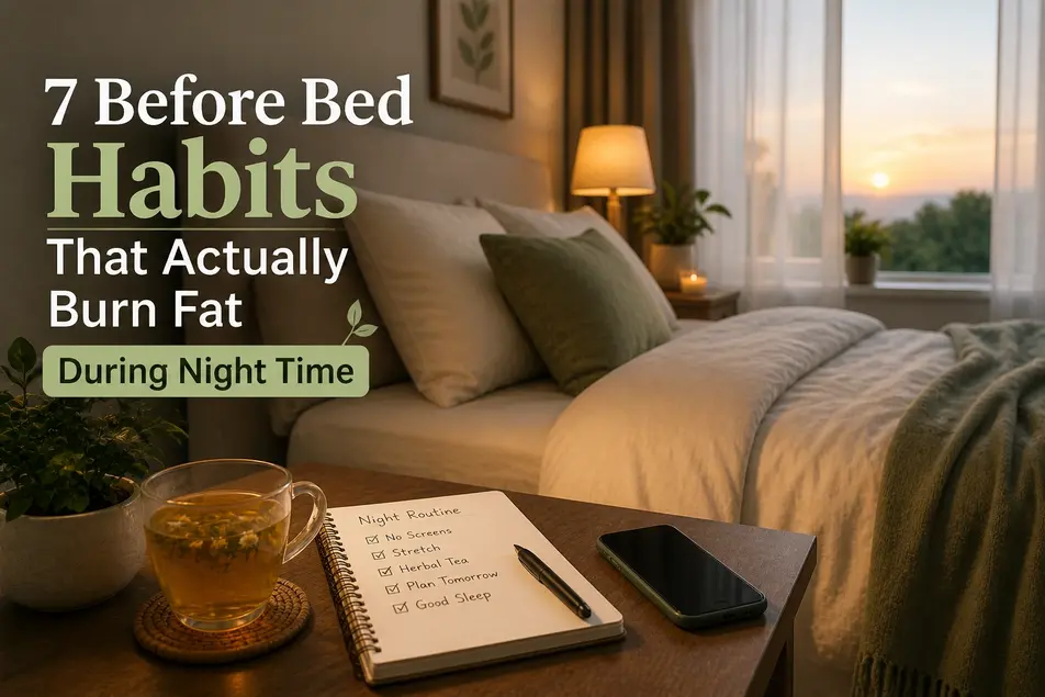 Calm bedroom setup with herbal tea, notebook, and soft lighting showing before bed habits that help burn fat during night time.