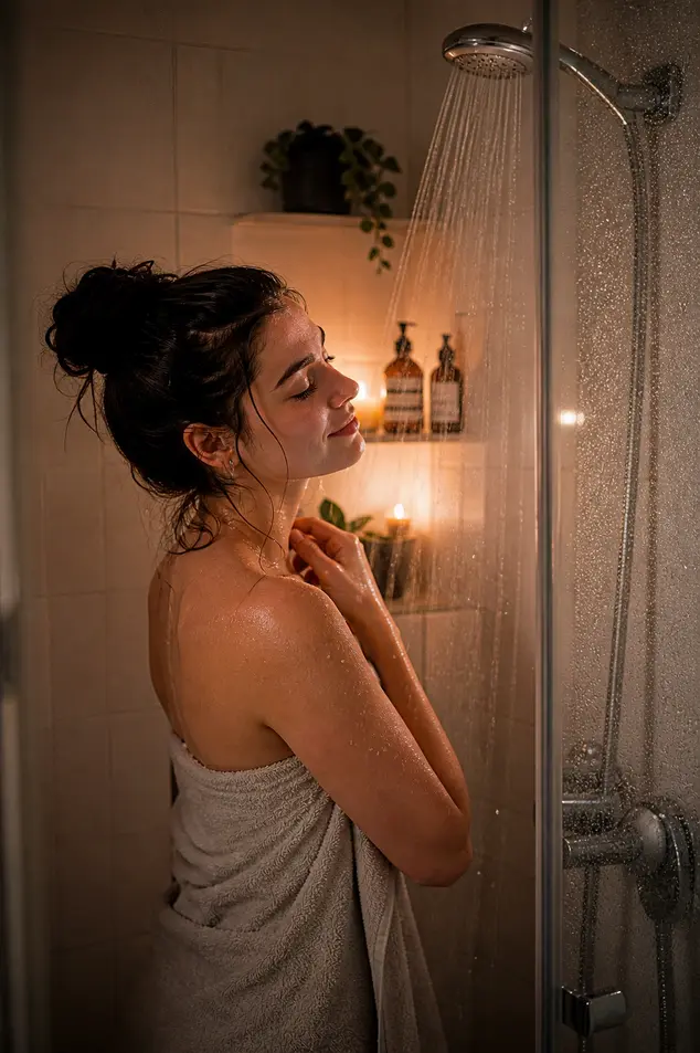 Young woman wrapped in towel taking warm shower in softly lit bathroom at night creating relaxing bedtime routine for better sleep and fat burning support