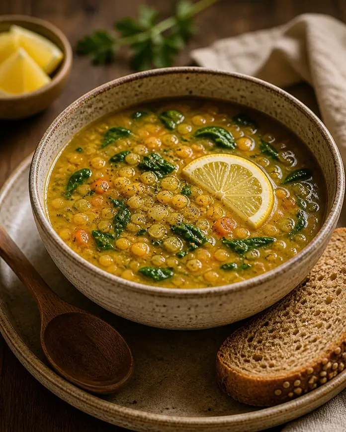 Healthy lentil and spinach soup for weight loss dinner with whole wheat bread at home