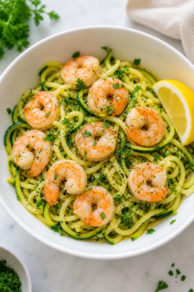 Healthy zucchini noodles with shrimp for weight loss dinner low carb meal at home