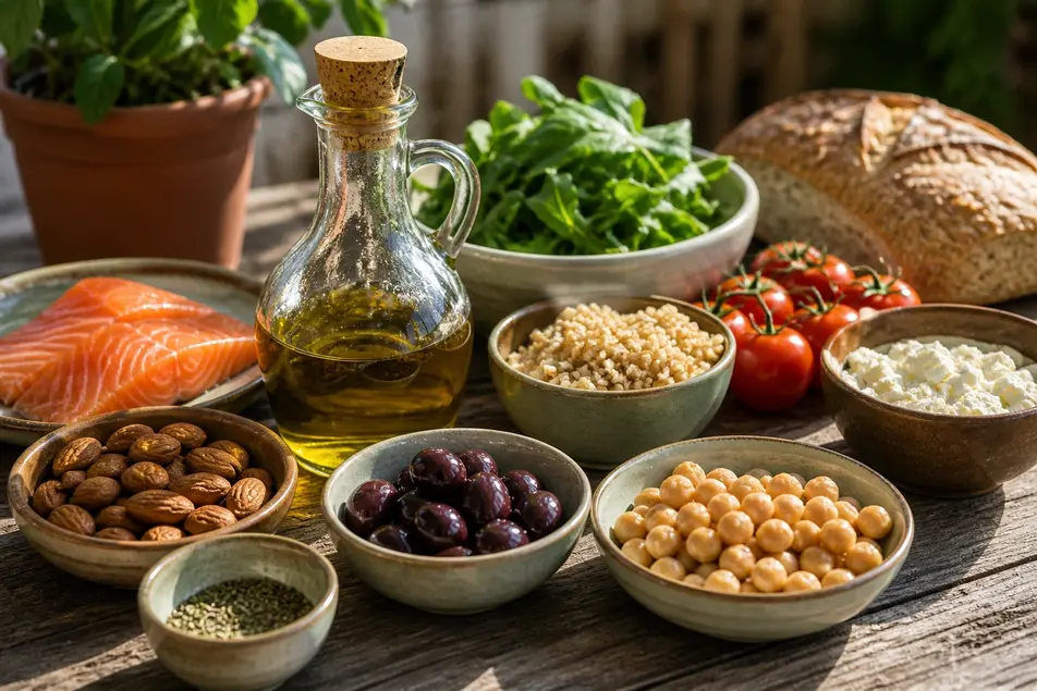 Mediterranean diet recipes for beginners fresh healthy foods olive oil vegetables fish whole grains balanced meal.