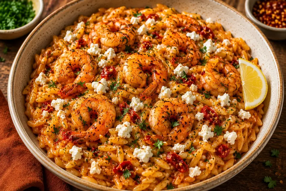 Spicy Harissa Shrimp and Feta Orzo with juicy shrimp, creamy feta crumbles, red chili sauce, and tender orzo served in a rustic ceramic bowl.
