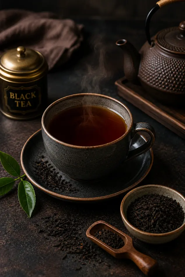 Hot black tea in a ceramic cup with loose tea leaves and a vintage teapot on a dark rustic table.