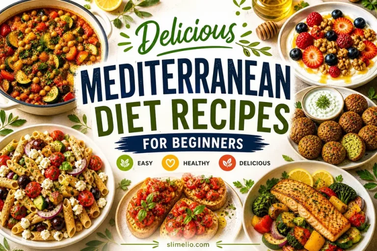 Mediterranean diet recipes for beginners collage healthy meals salmon pasta falafel yogurt easy beginner friendly diet plan