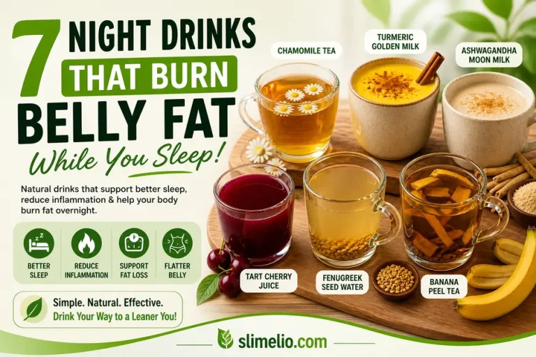 Seven healthy night drinks including chamomile tea, golden milk, cherry juice, fenugreek water, and banana peel tea on a kitchen table.