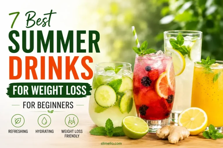 Colorful summer drinks for weight loss with lemon, cucumber, mint, and ice on a bright wooden table.
