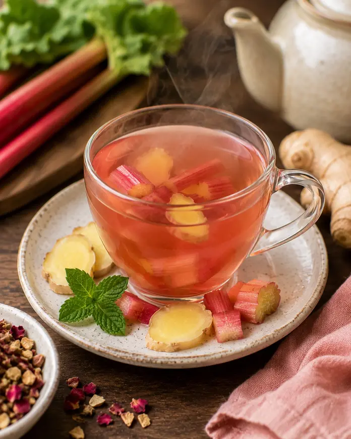 Rhubarb and ginger herbal tea in a glass cup, warm healthy detox drink for digestion, hydration, and weight loss.