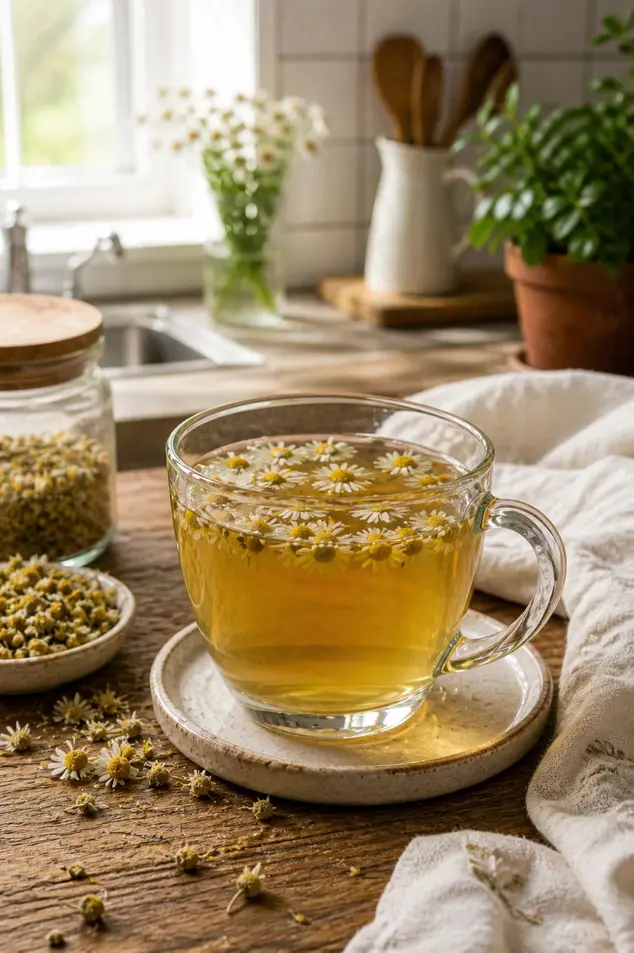 Glass cup of chamomile tea with dried flowers on a rustic kitchen table in soft natural daylight near a window