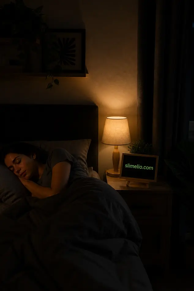 Woman sleeping in dark bedroom with blackout curtains and soft lamp light showing ideal sleep environment with slimelio.com board for better fat burning at night