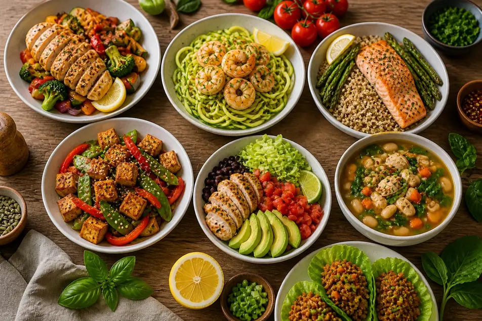 Healthy dinner recipes for weight loss for beginners at home with chicken salmon shrimp lentils and vegetables
