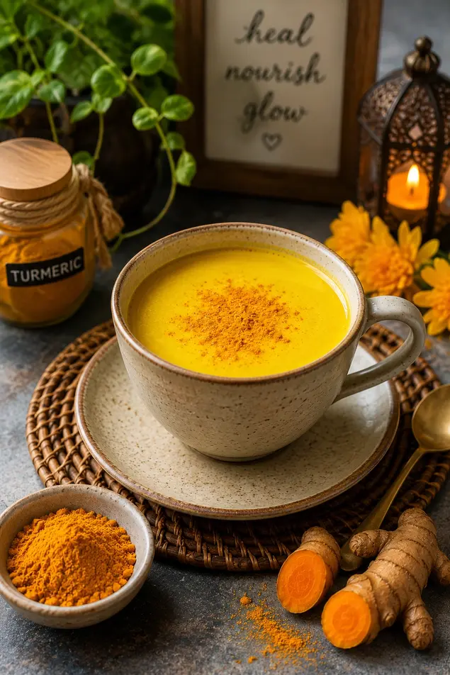 Golden turmeric tea in a ceramic cup with turmeric powder and roots on a cozy rustic table.