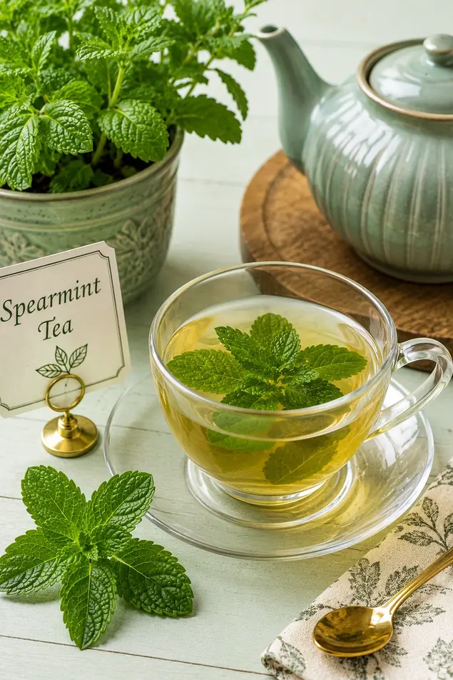 Spearmint tea in a glass cup with fresh mint leaves and herbal decor on a bright minimalist table.