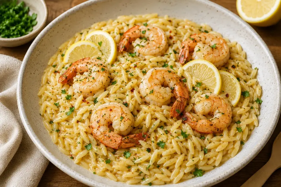 Warm rustic food photography showing lemon garlic shrimp orzo in a creamy sauce with juicy shrimp, fresh parsley, and lemon slices in a ceramic bowl on a wooden table.