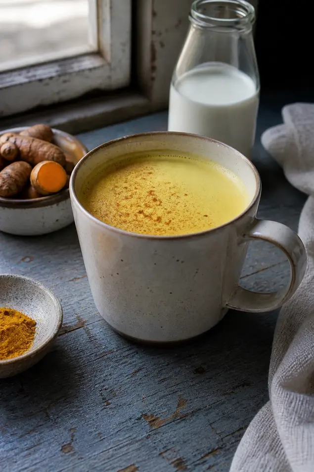 Warm turmeric golden milk in a ceramic mug on a rustic kitchen table with fresh turmeric roots and milk bottle in soft natural light.