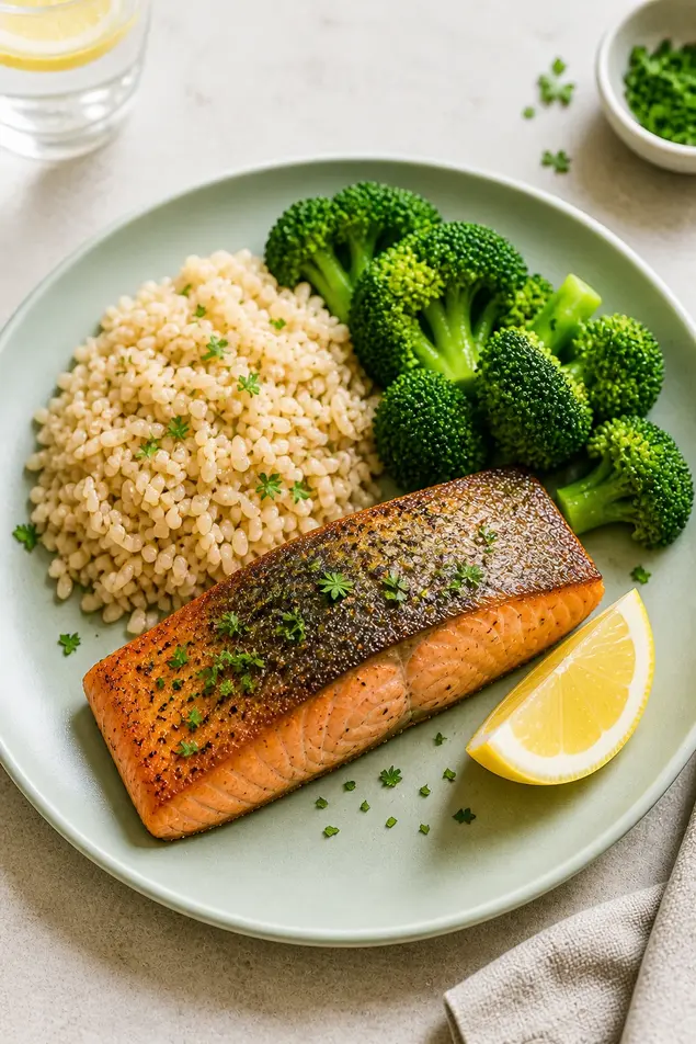 Healthy grilled salmon with brown rice and broccoli for weight loss dinner at home