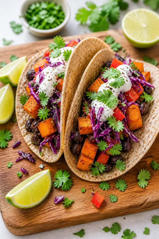 Healthy black bean and sweet potato tacos for weight loss dinner with whole wheat tortillas at home