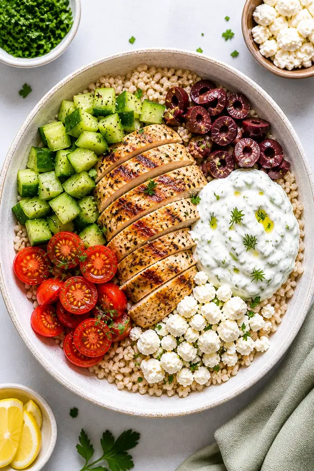 Healthy chicken tzatziki bowl with brown rice cucumber tomatoes and feta for weight loss dinner at home