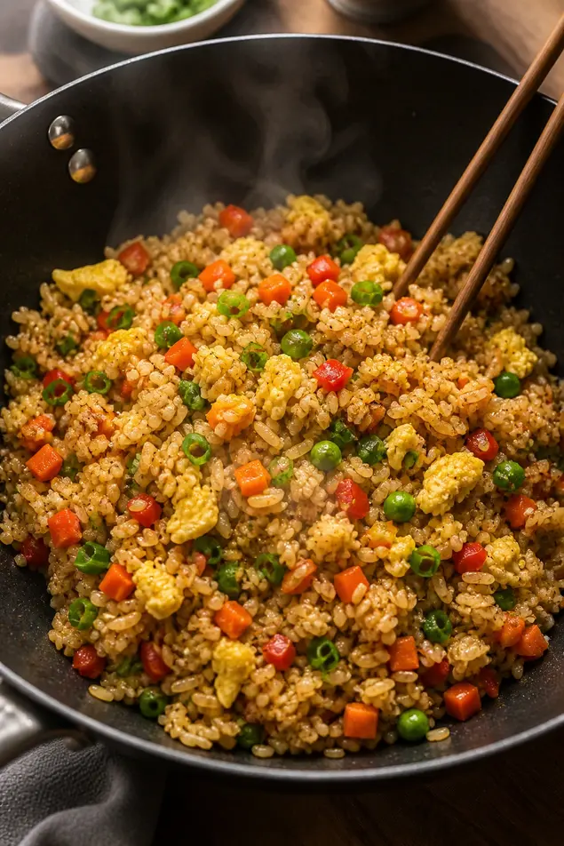 Healthy egg fried brown rice with vegetables in wok for weight loss dinner at home