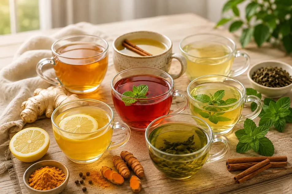 Herbal teas for weight loss with ginger, turmeric, mint, lemon, and cinnamon on a wooden table.