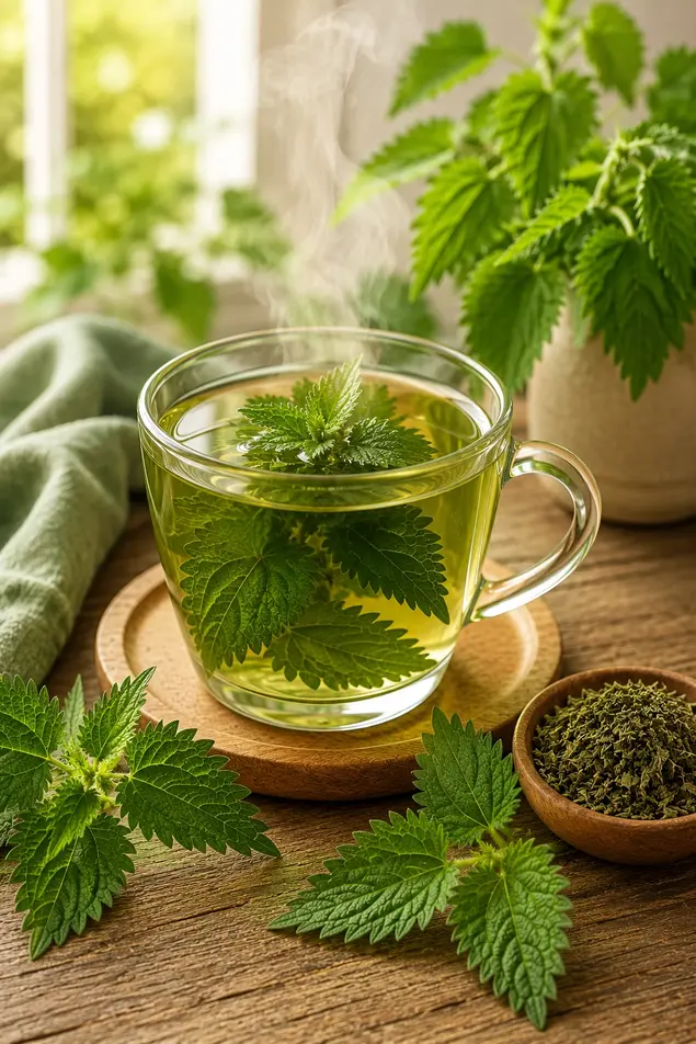 Fresh nettle tea in a glass cup with green nettle leaves on a rustic wooden table in natural light.