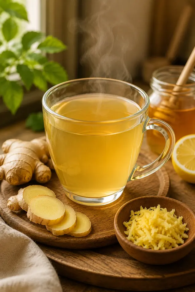 Fresh ginger tea in a glass mug with sliced ginger, lemon, and honey on a rustic wooden table.