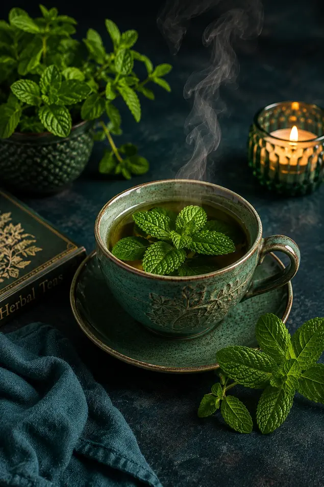 Fresh peppermint tea in a glass cup with mint leaves on a rustic wooden tray in natural light.