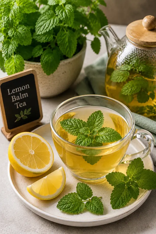 Lemon balm tea in a glass cup with fresh lemon slices and green herbs on a bright rustic table.