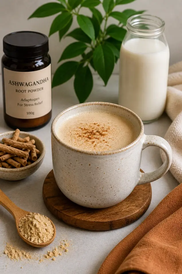 Creamy ashwagandha moon milk is night drink in a ceramic mug on a kitchen table with root powder, cinnamon sticks, and milk in natural light.