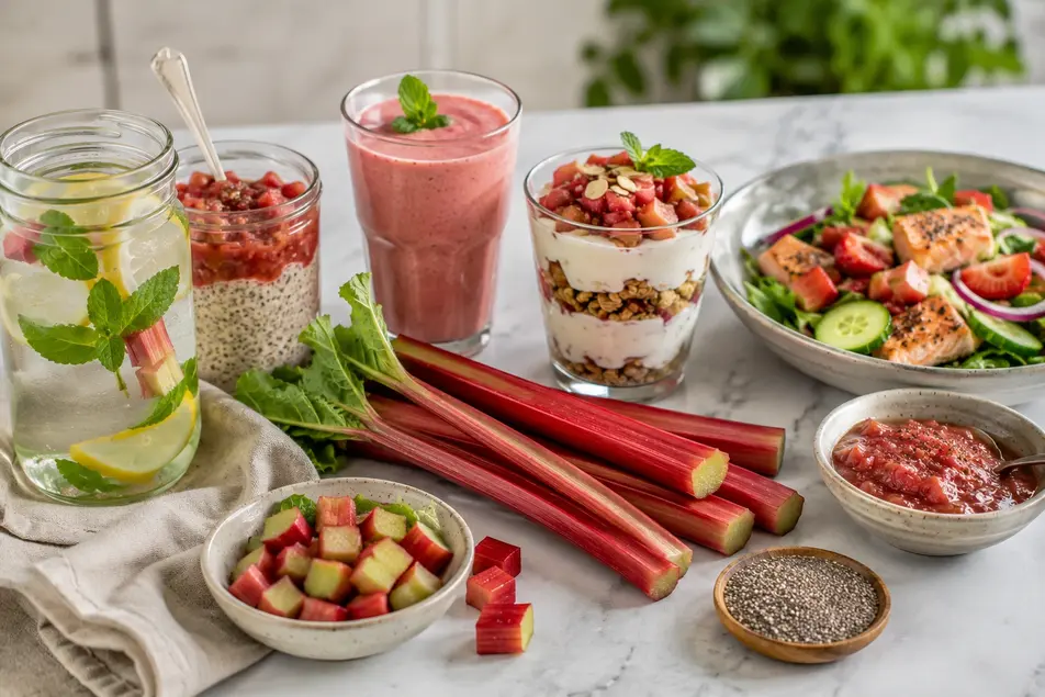 Fresh rhubarb with healthy weight loss recipes, including detox water, smoothie, parfait, chia pudding, and salmon salad.