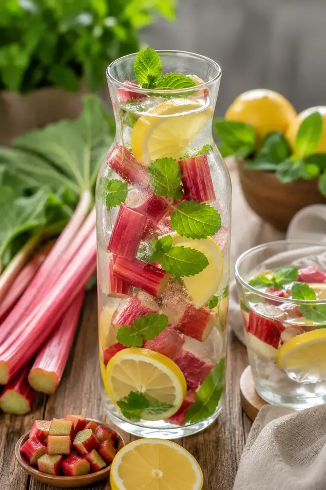 Rhubarb detox water with lemon and mint in a glass bottle, refreshing low calorie drink for hydration and weight loss.