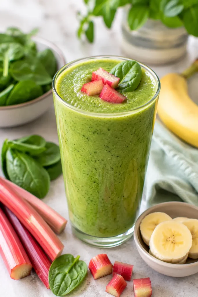 Rhubarb green smoothie with spinach and banana in a glass, healthy low calorie drink for weight loss and energy.
