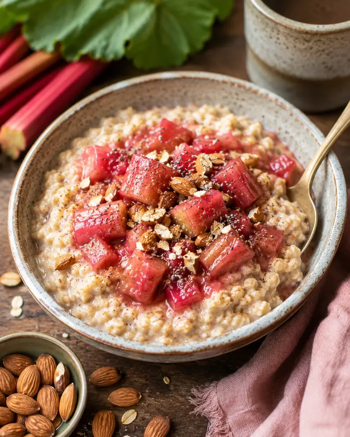 Rhubarb oatmeal with almonds and chia seeds in a rustic bowl, healthy high fiber breakfast recipe for weight loss.