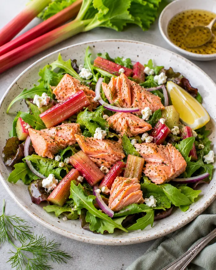 Fresh rhubarb and salmon salad with leafy greens, healthy high protein low calorie meal for weight loss and clean eating.