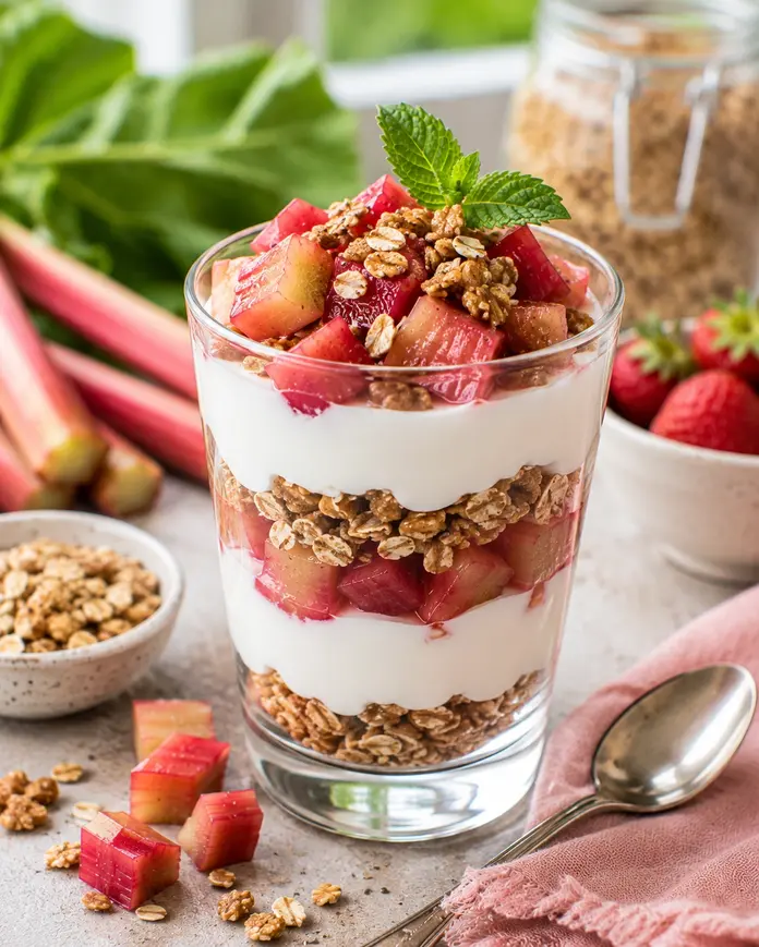 Fresh rhubarb yogurt parfait with granola and berries in a glass, healthy high protein snack for weight loss.