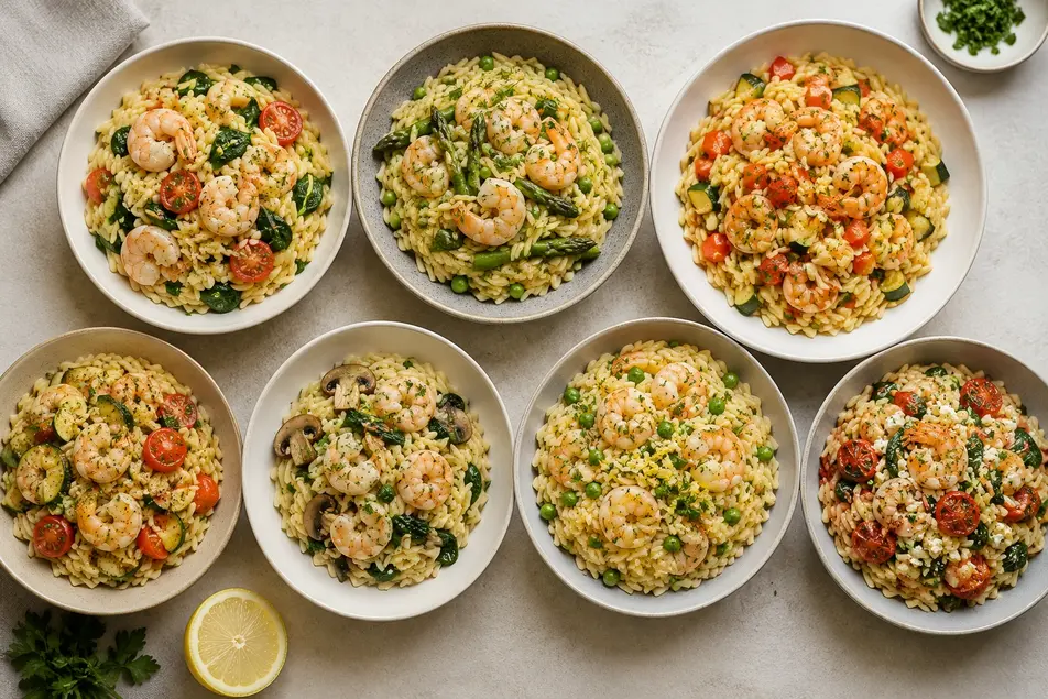 Showing Lemon Garlic Shrimp Orzo served in a rustic ceramic bowl with juicy grilled shrimp, creamy orzo pasta, fresh parsley, and lemon slices on a cozy wooden table.