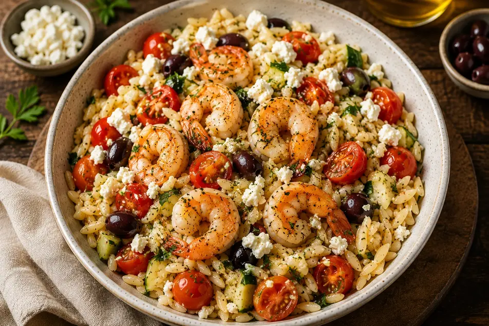 Vertical aesthetic food photography showing Greek Shrimp Orzo with feta cheese, cherry tomatoes, olives, and cucumber in a rustic ceramic bowl on a wooden table with Mediterranean-style styling.